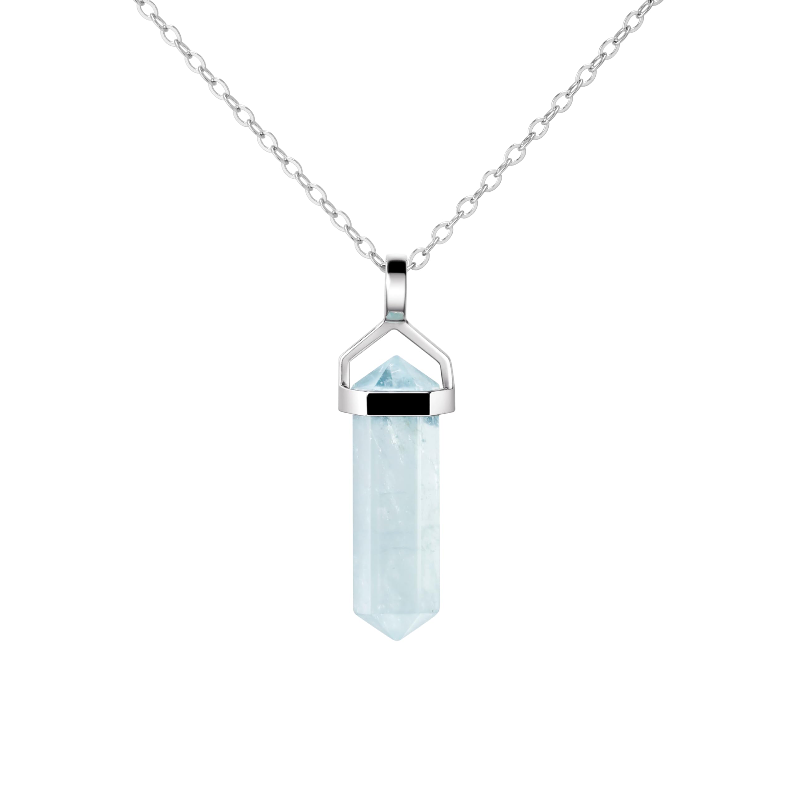Franki Baker Aquamarine Gemstone Double Point Pendant Necklace on 925 Sterling Silver Box Chain. Chain Length: 50cm. Pendant Length: 3cm