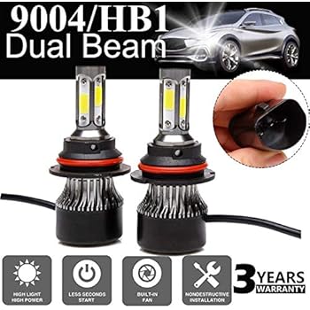 LED Headlight Bulb 9004 / HB1 Hi Lo Dual Beam 24000LM - 4 Sides COB Chips High Power 240W Super Bright 6000K White Headlamp/Fog Light/DRL Replacement Kit 3 Years Warranty - Package of 2