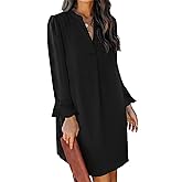 QACOHU Fall Dresses for Women 2026 Casual V Neck Long Sleeves Flowy Mini Tunic Dress
