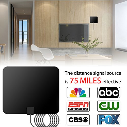 HDTV Antenna, 2018 Version 75 Miles Range 4K HD VHF UHF Freeview Indoor Amplified TV Antenna for Life Local Channels Broadcast for All Types of Home Smart Television (Black)