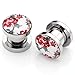 PiercingJ Mens Womens Pair Punk Stainless Steel Screw Tunnels Ear Expander Stretcher Piercing Gauge (Chinese Peony)