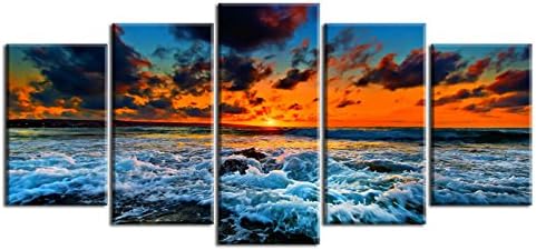 Artisweet Sunset Sea Canvas Prints, Blue Sky Wall Art Paintings, Ready to hang, Waterproof, 50x24 inches overall by 5 panel