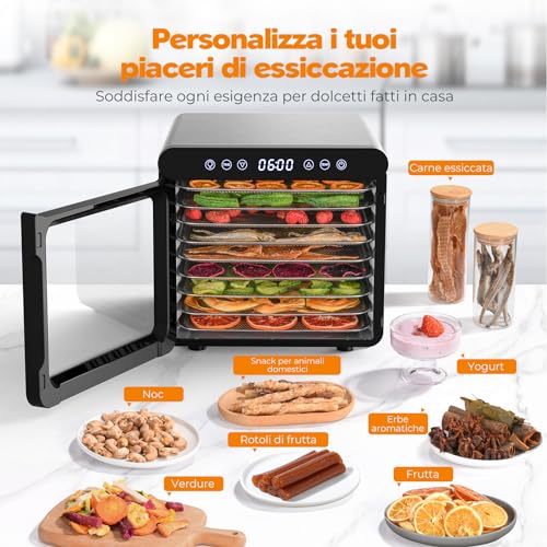 YASHE Food Dryer, 800W Dehydrator with LED Display, Temperature Up to 75°C and 48H Timer, 9 Stainless Steel Trays, 9 Mesh Sifters, 1 Fruit Tray