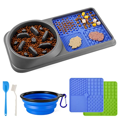 Odoland 2 in 1 Slow Feeder Dog Bowls and Licking Mat, Puzzle Dog Food Bowl with Premium Lick Pad and Outdoor Foldable Dog Bowl Anti-Gulping Interactive Water Dog Bowl