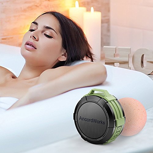 Bluetooth-shower-speaker-by-AncordWorks-5W-Driver-23-Hours-Playtime-with-8G-TF-CardCard-ReaderSuction-CupClip-CarabinerDC-Charger-Army-Green