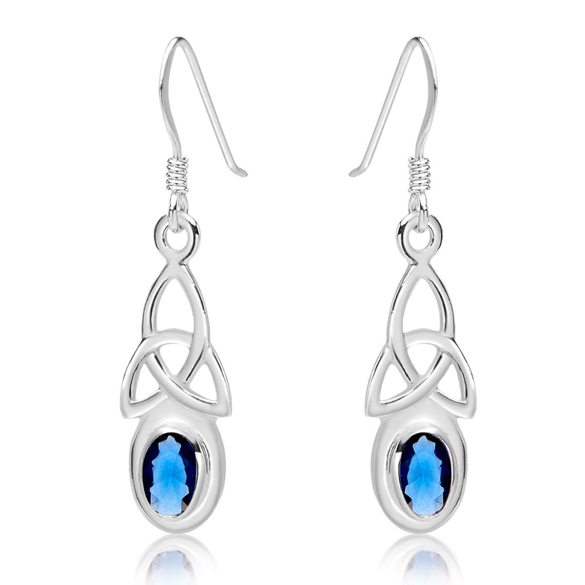 DTPsilver 925 Sterling Silver Dangle Drop Earrings - Trinity Knot - Blue Sapphire Stones - Celtic Earrings