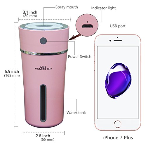 Rechargeable Air Humidifier Pink - Azmall Car Humidifier 300ml Portable Ultrasonic Cup Humidifier for Car Home Office Baby Living Room Office Yoga with Automatic Shut off, Night Light Function - Thumbnail 2