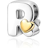 PARCOM S925 Sterling Silver Charms for Bracelets and Necklaces, A-Z Letter Charms With Golden Heart Initial Beads Pendant Jewelry for Women's Birthday Ceremony