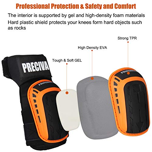 Knee Pads for Work , Preciva Kneepads Professional Gel Knee Pads for Construction Flooring Gardening - Adjustable No-Slip Knee Protector with Foam Padding (Orange)