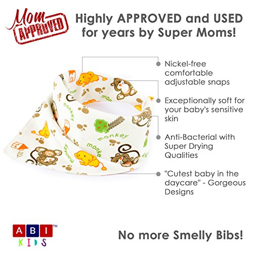 ABI Kids Anti-Smell Anti-Bacterial Quick Dry Avoids Drool RashCotton Bandana Baby Bibs with Nickel-Free Snaps, 4-Pack