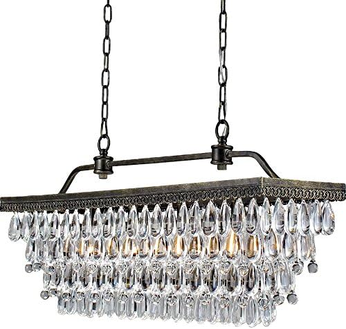 Antique Gold Brushed - 4 Light Crystal Chandelier Rectangular Pendant - 30" Height and 16" Width Living Dinning Bedroom Kitchen...