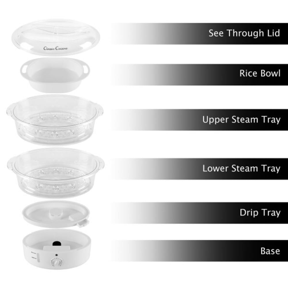 Classic Cuisine Food Steamer and Rice Cooker in one, Two-Tier Food Steamer for Healthy Meals anytime, cooks Vegetables, Fish, Dumplings, Eggs and more, 6.3 QT, Clear