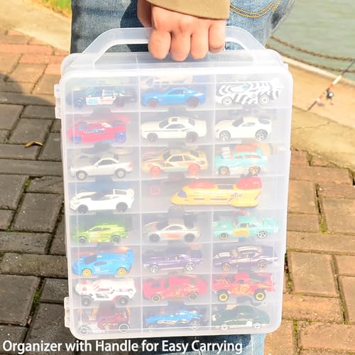 Portable Transparent Double Sided Storage Case - 48 Compartments for Toy Cars, Matchbox Cars, 1:64 Scale Model Cars, with Handle (Case Only)