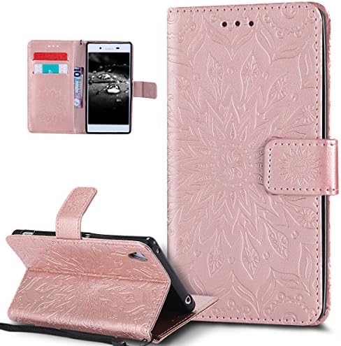 Sony Xperia Z3+ Case,Sony Xperia Z3 Plus Case,ikasus Embossing Mandala Flower Sunflower PU Leather Flip Folio Kickstand Wallet Case with Card Slots Case Cover for Sony Xperia Z3+ /Z3 Plus/Z4,Rose Gold