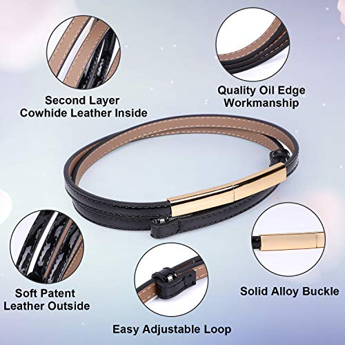 2 PACK WERFORU Women Patent Skinny Thin Leather Waist Belt with Golden Buckle (Black+Brown, Waist Size below 40 Inches)