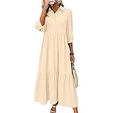 Ru Sweet Womens Casual 3/4 Sleeve Ruffle Tiered Long Shirt Dress Button Down Flowy Maxi Dress