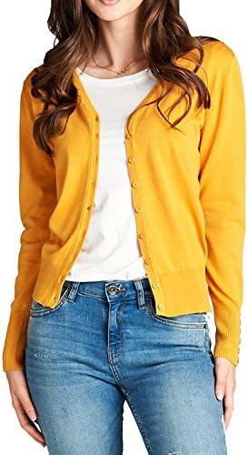Women's Basic Lightweight Front Buttons Slim Fit Cardigan Medium Mustard