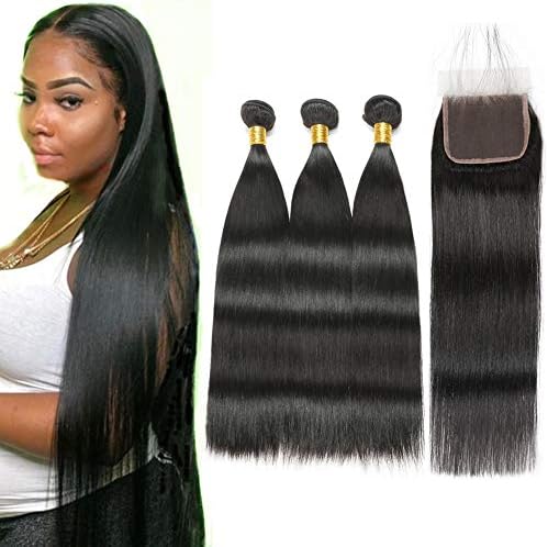 Brazilian Human Hair Bundles With Closure Remy Straight Hair Bundles With Closure 3 Bundles And Closure Weave(20 20 20inch+18closure,Natural Color)