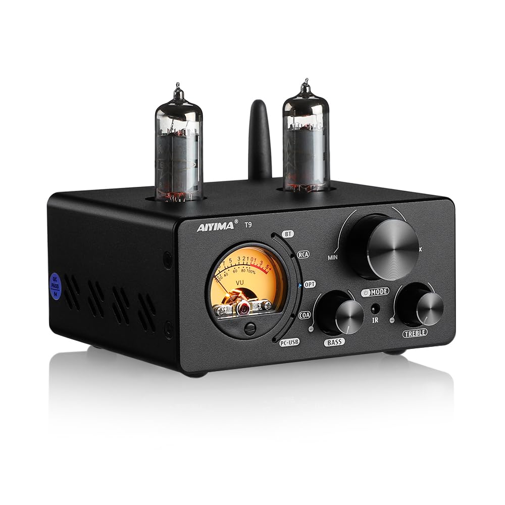 AIYIMA T9 100W*2 Bluetooth Stereo Amplifier Class D Amp 2.0/2.1 Channel Tube Power Amp with PC-USB DAC Coaxial Optical inputs &VU Meter & Bass Treble Tone Control for Home Stereo Speakers