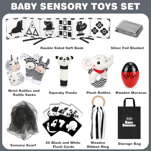 Joyreal Baby Sensory Toys, 13 Pcs Black and White Sensory Toys 0-6 Months, Foil Blanket, Sensory Cards, Baby Rattles, Ribbon Ring, Scarf, Maracas, Newborn Toys Sensory Box 0-3 Months Gifts