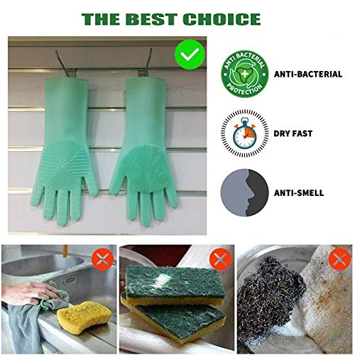 Dish Washing Gloves, 2 Pairs of Magic Silicone Dishwashing Gloves, Rubber Cleaning Gloves with Scrubber, Qhand Dish Gloves for Plate Fruit Kitchen Bathroom Car Home Clean and Pet Care, Universal Size