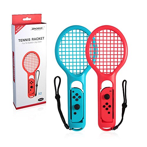 KOBWA 2 Pack Tennis Racket for Joy Con, Tennis Racket with Handle Straps for Nintendo Switch Controller Accessories for Mario Game Tennis Aces (1 x Blue & 1 x Red)