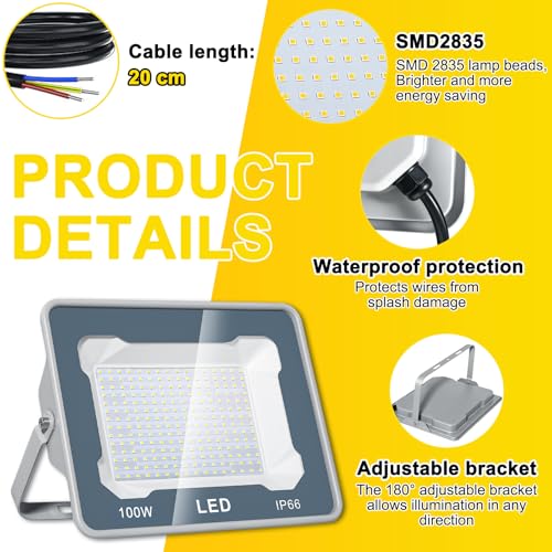 CREATESTAR Outdoor LED Spotlight 100 W, Outdoor LED Spotlights 6500 K 10000 LM Cool White Light, IP66 Waterproof Outdoor Spotlight for Sports Warehouse Garage Garden Parking Courtyard Field 1 Pieces
