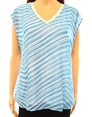 Calvin Klein White Women's Medium V-necl Striped Blouse Blue M