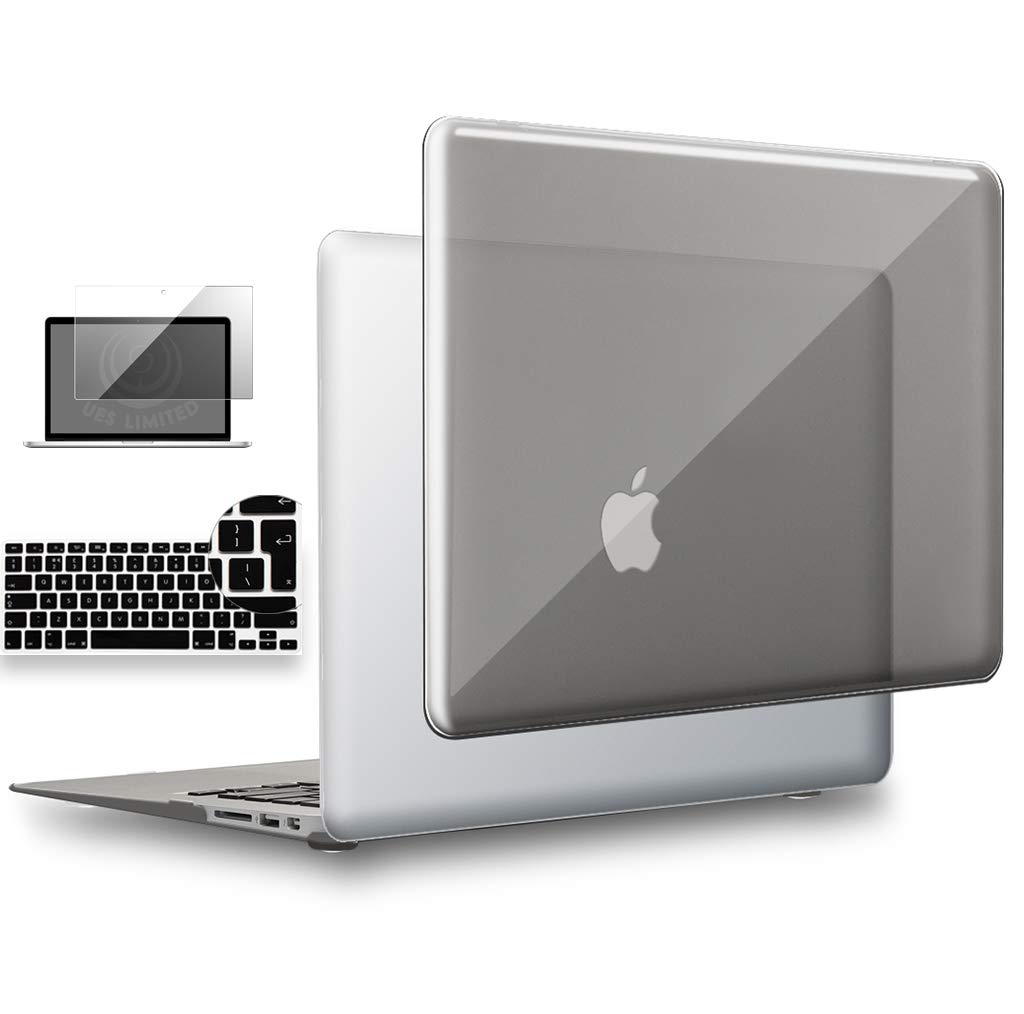 UESWILL 3in1 Glossy Crystal Clear Hard Shell Case Cover Compatible with 2010-2017 MacBook Air 13 inch Model A1466 A1369 + EU/UK Version Keyboard Cover and Screen Protector, Gray