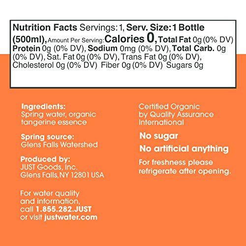 JUST Water Infused, Spring Water Infused with Organic Tangerine Essence in an Eco-Friendly Bottle, Zero Sugar, Zero Artificial Flavors, Zero Sweeteners, Alkaline, pH of 8.0 16.9 fl oz, (Pack of 12)