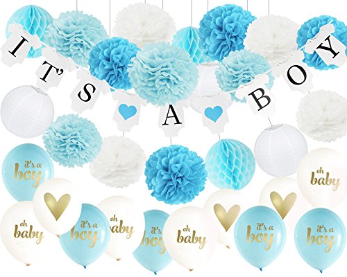 32ps Baby Shower Decorations for Boy It s a Boy Bunting Banner,Oh Baby Ballons,It s A Boy Ballons with Tissue Paper Pom Poms and Paper Lanterns Honeycom Balls for Boy Baby Shower Decor