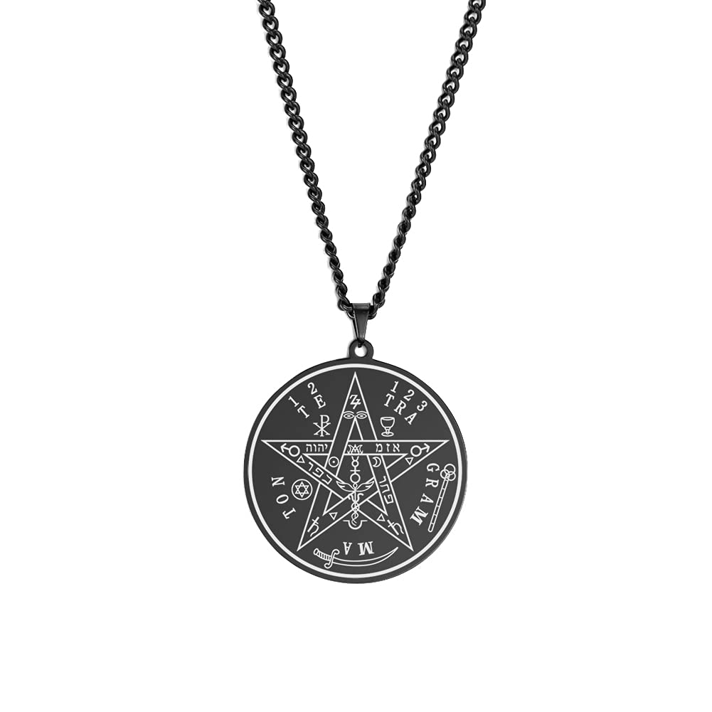 Dreamtimes Vintage Tetragrammaton Pendant Necklace Wahyeh Magical Blessed Pentagram of Solomon Amulet Stainless Steel Necklace Viking jewelry for women and men (Black)