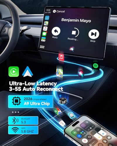 2026 Upgrade Ultra Mini CarPlay Wireless Adapter, Wireless Android Auto, 5.8 GHz WiFi, 3-5s Automatic Connection, USB-C/USB-A, Compatible with iOS10+, Android 10+, Stable & Liquid