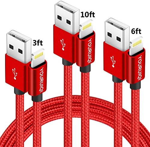 iPhone Charger,Youruiqi Lightning Charging Cable,3PACK 3FT 6FT 10FT Nylon Braided Ultra Durable Cables USB Cords for iPhone X,8,8 Plus,7,7 Plus,6s,6s Plus,6,6 Plus,SE,5s,iPad mini,Air,Pro,iPod-Red