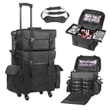 Voilamart Rolling Makeup Case Trolley 2 in 1 Travel Cosmetic Train Cases on Wheels - Nylon Black Bags for Professional Make Up Artist Cosmetics Storage