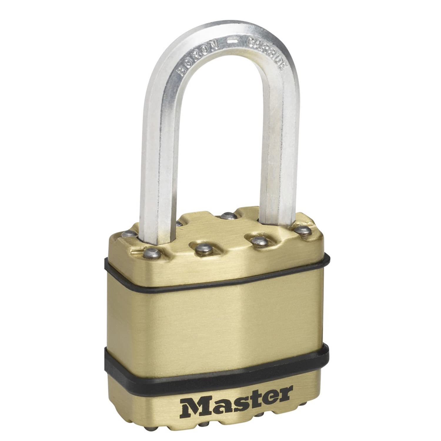 MASTER LOCK Heavy Duty Padlock, Security Level 8/10, Outdoor, Keyed, Laminated Steel/Brass Finish, Weatherproof, Medium Shackle — image 1