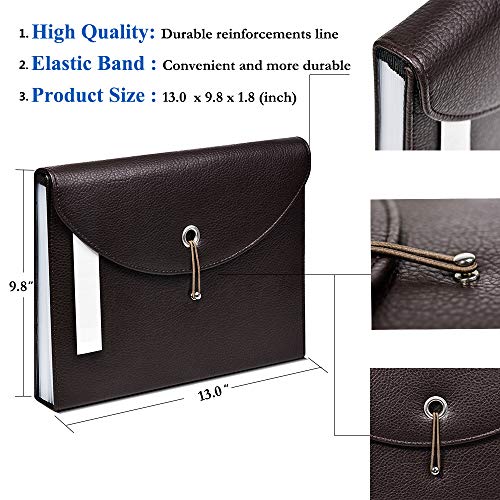 FHEAL Expanding File Folders PU Leather 13 Pockets Jackets A4 Letter Size Accordion Business File Organizer Professional Organizer Document with Tab (Brown)