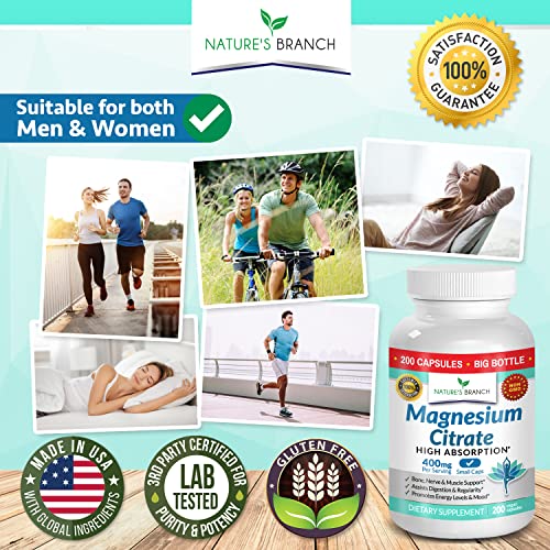 Magnesium Citrate 400mg 200 Capsules High Potency for Sleep, Leg