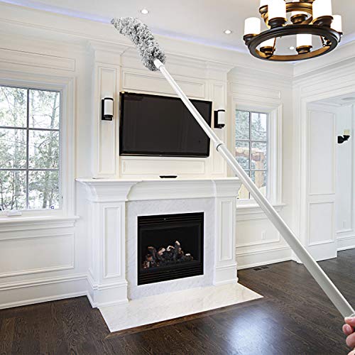 Microfiber Feather Duster Extendable (Up To 70 Inch)Washable Flexibility Detachable,Microfiber Head With Attached Extension Pole And Clothes Fork Duster For Cleaning House Office For Car (Grey)
