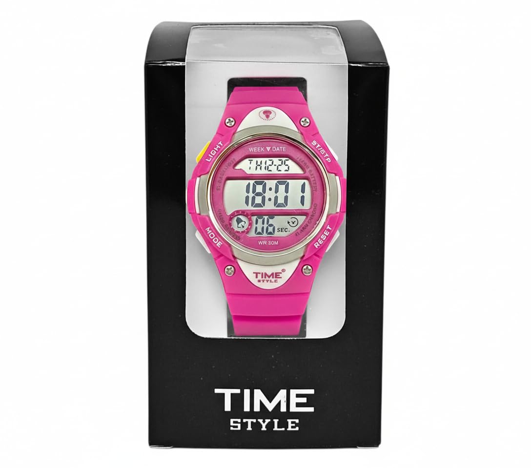 Time Style Pink Digital Watch for Adults and Children Ages 5+ Quartz Medium Size Watch - Multi Function - 5ATM Water Resistant - EL Backlight - Steel Caseback - PU Strap - British Brand