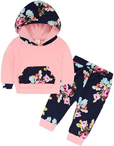 Natiny 0-24 Month Toddler Infant Baby Girl Long Sleeve Hoodie Tops Sweatsuit Pants Outfit Set(0-6 Month, Pink)