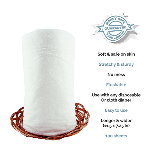 Baby Tooshy's Bamboo Cloth Diaper Liners & Wipes for Easy Cloth Diapering - Flushable, Biodegradable, Natural & Gentle on Baby's Skin, Dye & Fragrance Free. 100 Sheets