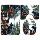 Custom Bathroom Decor Black Bear Family Outing Soft Comfort mat Anti-Skid Absorbent Toilet Seat Cover Bath Mat Lid Cover 3pcs/Set Rugs