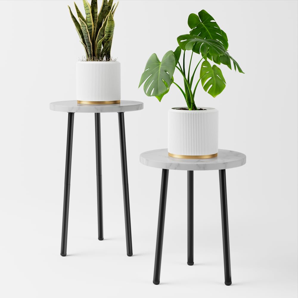 Photo 1 of Plant Stand Indoor Tall: Corner Wood Plant Stand 2 Pack Mid Century Modern Decor - Small Round Plant Table for Indoor Plants - Outdoor Plant Holder for Patio Living Room Bathroom Office (White Marble)