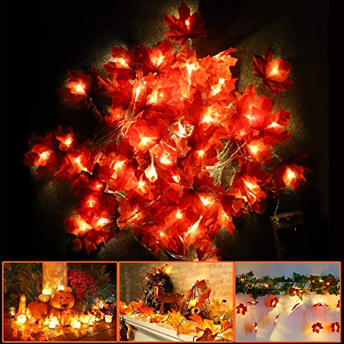 Premer 2 Pcs LED Maple Leaves Garland String Lights Halloween Thanksgiving Decorations Lighted Harvest Fall Decor for Window Christmas Wedding Party 20 feet with 40 LED and 10 feet with 20 LED