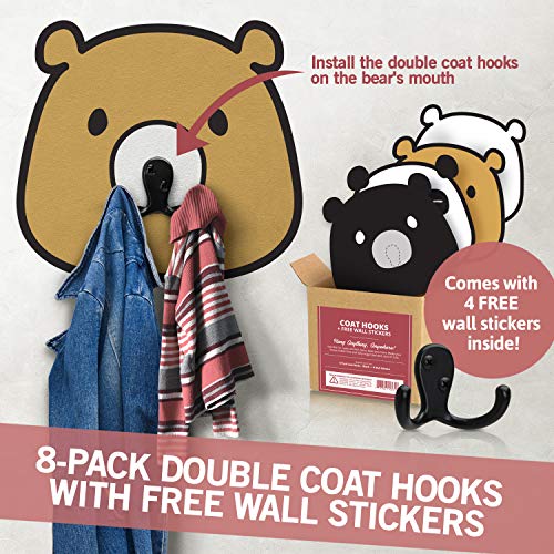 Jack N' Drill 6+2 Coat Hooks w/ 4pcs. Cute Bear Stickers | Heavy Duty Hooks for Hanging Towels, Coat & Hat Rack | Wall Mounted Wall Hook for Kitchen and Bathroom Wall