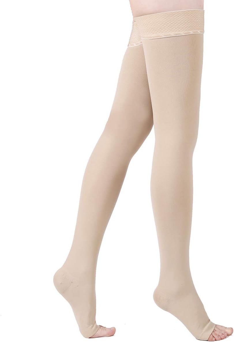 Thigh High Compression Stockings Toeless - Unisex, Opaque, KEKING 20-30mmHg Graduated Compression Leg Support Hose with Anti-Slip Silicone Band - Swelling, Varicose Veins, Edema, Travel, Beige X-Large