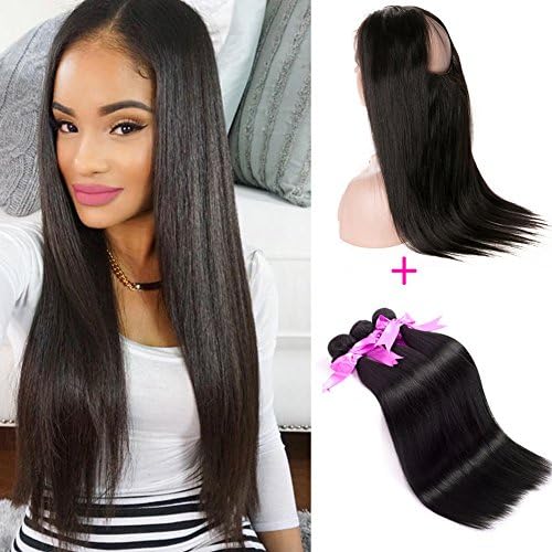ANNMODE Hair Brazilian Virgin Human hair Bundles 3pcs + 360 Lace Band Frontal Closure Silky Straight with Natural Hairline &amp; Adjustable Strap 22 24 26+20inch