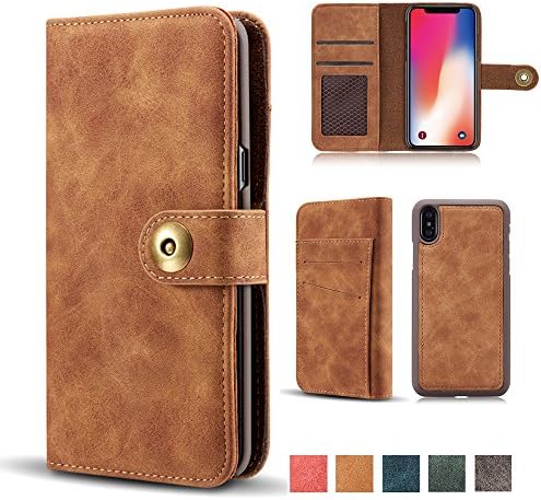 iPhone X Case, Vintage 2 in 1 [Magnetic Detachable] Flip Wallet PU Leather Slim Case Retro [4 Card Holder] Slot Wallet Removable Protective Folio Book Cover for iPhone X/iPhone 10 5.8” 2017 - Brown