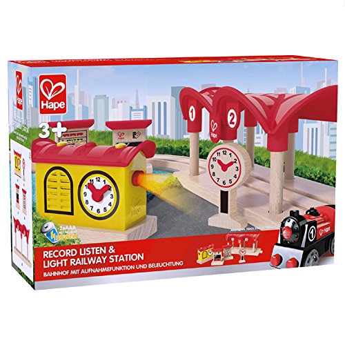 Hape Wooden Railway Record, Listen, & Light Railway Station Kid's Train Set
